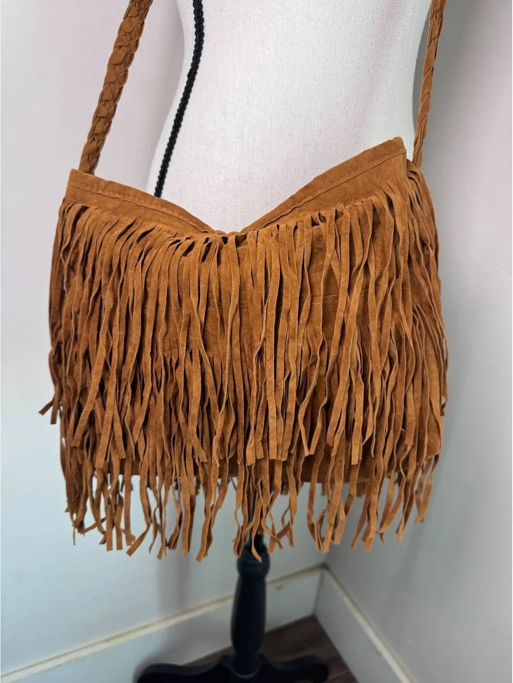 Brown Faux Suede Fringe Crossbody Bag Braided Strap Boho Western Festival